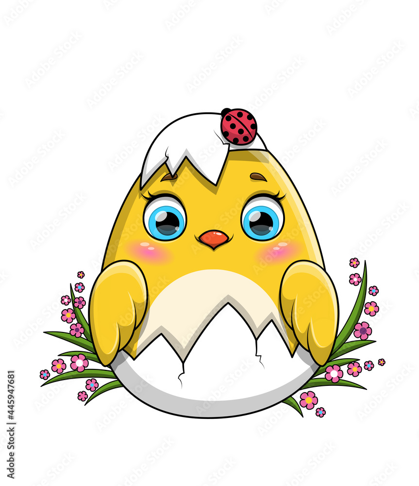 Vector de Stock Easter egg concept. Cute little yellow Easter chicken  hatching from an egg framed by dainty pink spring flowers, colored flat  cartoon vector illustration isolated on white for use as, image size:863x1000