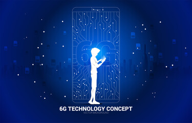 Poster - Silhouette of man use mobile phone with 6G dot connect line circuit board style mobile phone icon. Concept for data transfer of mobile data network.