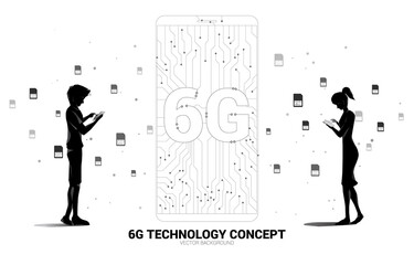 Poster - Silhouette of man and woman use mobile phone with 6G dot connect line circuit board style mobile phone icon. Concept for data transfer of mobile data network.