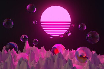 Wall Mural - Sci-fi synthwave style 3D illustration with neon sun above the mountain landscape.