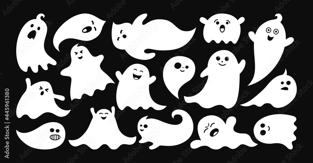 Ghost Spook Horror Silhouette Set Halloween Apparition Simple Cute And Scary Ghostly Monsters Funny Cutes Pooky Character Design Fly Phantom Spirit Festive Element Party Celebrate Vector Wall Mural Neliakott