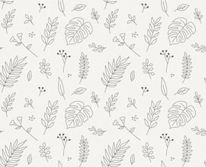 Wall Mural - leaves textile pattern drawn with thin lines. simple pattern design template.