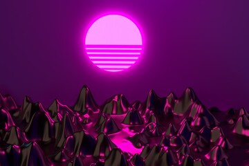 Wall Mural - Sci-fi synthwave style 3D illustration with neon sun above the mountain landscape.