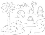 Fototapeta Paryż - beach and summer vacation coloring page for kids with a beach ball, a sand castle, a palm tree and more. you can print it on standard 8.5x11 inch paper
