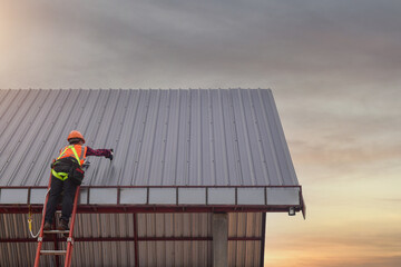 Wall Mural - Roofer Construction worker install new roof,Roofing tools