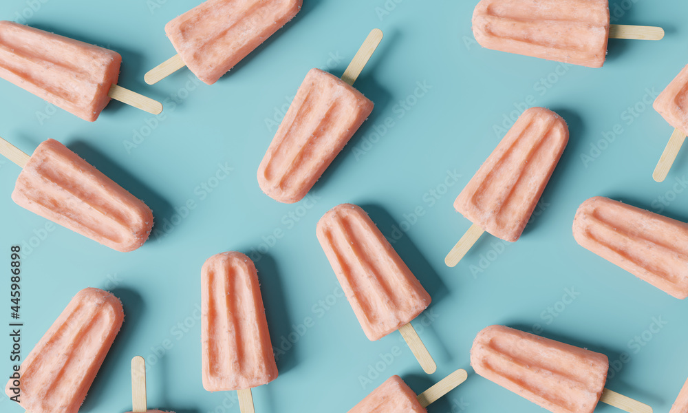 Pattern pink stick ice cream on blue background. Food summer concept. 3d rendering - obrazy, fototapety, plakaty 
