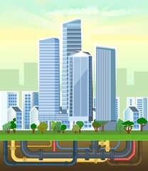 Wall Mural - Pipeline for various purposes. Underground part of system. Small private houses and huge high-rise buildings. Illustration vector