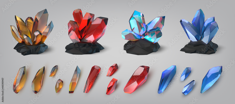 Gemstones. Shiny and colorful treasure precious stones and crystals. Glowing diamond or amethyst. Jewelry jade and opal. Realistic brilliant jewels. Geology template. Vector gems set - obrazy, fototapety, plakaty 