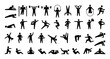 © SpicyTruffel - Human sport icons. Physical training. Fitness and gym exercises. Yoga or aerobic workout. Isolated symbols with stick man. Minimal athletic person. Body silhouettes. Vector signs set
