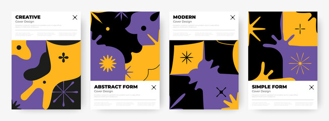 Wall Mural - Brutalism posters. Abstract geometric contemporary banners with minimalistic flower or star shapes. Flyers with lettering and figures. Spots and contour crosses. Vector paper pages set