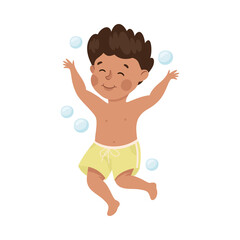 Wall Mural - Little Boy in Trunks Diving and Swimming Underwater with Bubbles Vector Illustration