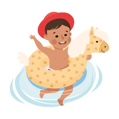 Wall Mural - Little Boy in Hat Swimming with Horse Rubber Ring Vector Illustration