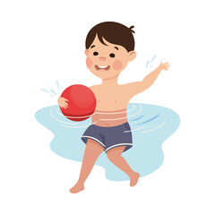 Wall Mural - Little Smiling Boy Swimming in Water Playing Ball Vector Illustration