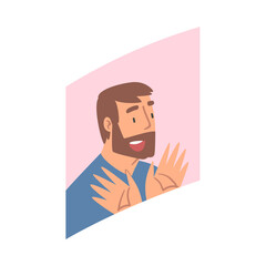 Sticker - Videoconference and Web Meeting with Bearded Man Character Engaged in Online Communication in Real Time Vector Illustration