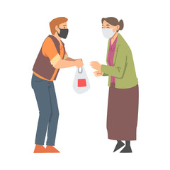 Sticker - Man Volunteer in Face Mask Giving Food to Senior Woman Engaged in Charity Activity Donating It to Needy Vector Illustration