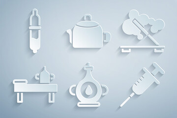 Sticker - Set Oil bottle, Scented spa stick, Massage table with oil, Syringe, Kettle handle and Pipette icon. Vector