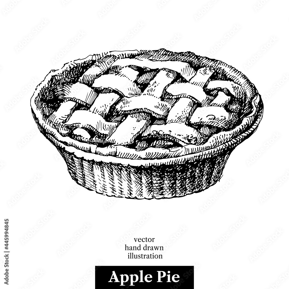 Hand drawn sketch homemade organic apple pie dessert. Vector black and white vintage illustration. Isolated object on white background. Menu design - obrazy, fototapety, plakaty 