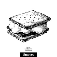 Hand Drawn Sketch Smores Wafer Crackers With Melted Marshmallows And Chocolate. Vector Black And White Vintage Illustration. Isolated Object On White Background. Menu Design