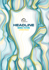 Sticker - marble, ink wave cover design, flyer vector template in blue and gold color background