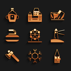 Poster - Set Ferris wheel, Snowflake, Wooden log, Lighthouse, axe, Stone for curling, Royal Ontario museum and Maple syrup icon. Vector