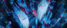 3d Render Of Science Fiction Chip Neon Cyberpunk City Night Panorama   3D Illustration Of Dark Futuristic Sci-fi City Lit With Blight Neon Lights
