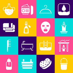 Sticker - Set Sauna bucket, Aroma candle, Hanger wardrobe, Essential oil bottle, Towel stack, and Facial cosmetic mask icon. Vector