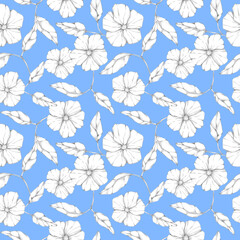  Graphic flowers and leaves seamless pattern on light blue background. Hand drawn monochrome black and white botanical print. Floral design element, decoration, background.