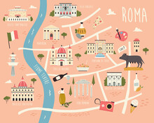 Illustrated Map Of Rome With Famous Symbols, Landmarks, Buildings.