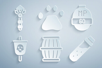 Sticker - Set Gun powder barrel, Video game, Pirate flag, Bottle with potion, Bear paw footprint and Magic wand icon. Vector