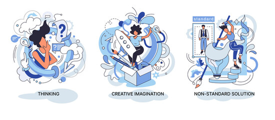 Creative thinking. People with different mental mindset types or models creative. Imaginative non standard solution thinking. MBTI person metaphor. Mind behavior concept. Brain think people solve idea