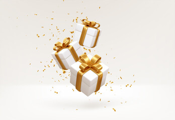 merry new year and merry christmas 2022 white gift boxes with golden bows and gold sequins confetti 
