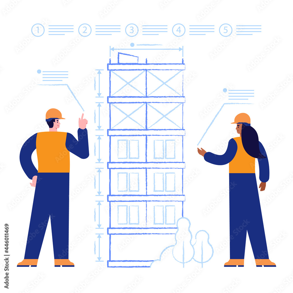 Architects designs house construction drawing of future multi-storey building. Engineers works with blueprints and making measurements. Real estate business. Vector illustration scene with characters - obrazy, fototapety, plakaty 