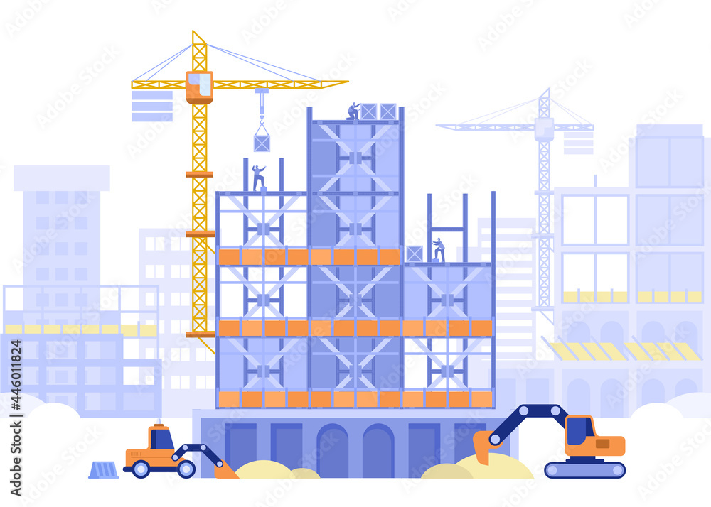 Construction site concept. Builders working on building of multi-storey house or skyscraper. Special machinery excavators dig, cranes load blocks. Vector illustration scene with tiny characters - obrazy, fototapety, plakaty 