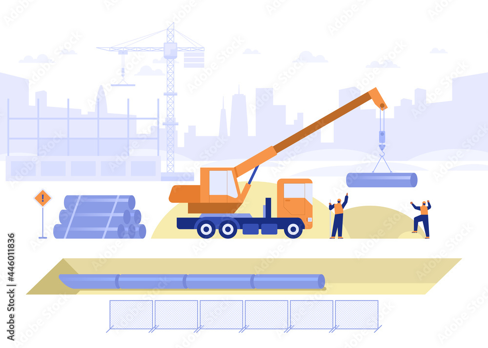 Construction site of building house concept. Team of builders makes pipeline, pipe laying in ground, truck crane loads pipes. Real estate business. Vector illustration scene with tiny characters - obrazy, fototapety, plakaty 
