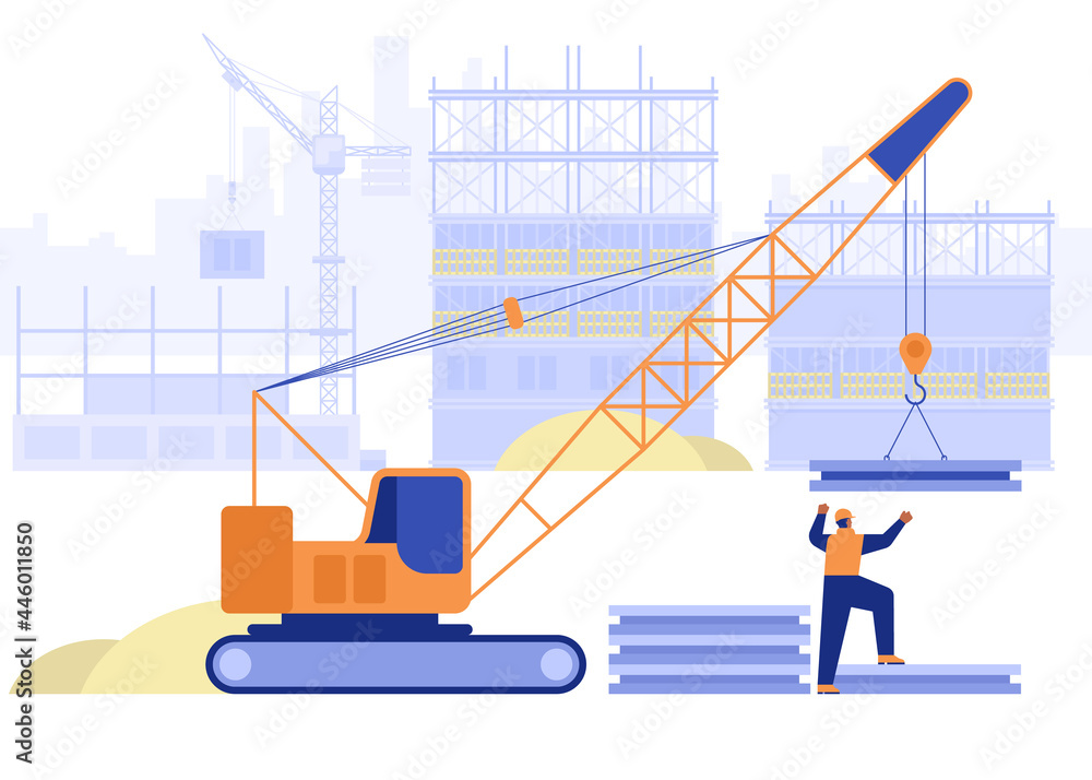 Construction site of building house concept. Crane loads plates, builder works on multi-storey buildings. Real estate business, industrial workers job. Vector illustration scene with people character - obrazy, fototapety, plakaty 