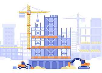 Wall Mural - Construction site concept. Builders working on building of multi-storey house or skyscraper. Special machinery excavators dig, cranes load blocks. Vector illustration scene with tiny characters