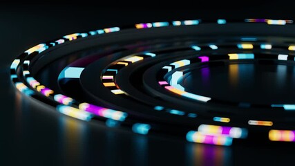 Wall Mural - 3d render of colorful rings imitates the Artificial Intelligence deep learning process. Glowing abstract geometry composition with reflections. Loop animation with depth of field effect.