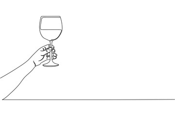 Wall Mural - Continuous one line of hand holding glass of wine happy new year in silhouette on a white background. Linear stylized.Minimalist.