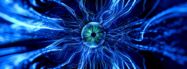 3d render of Conceptual representation of neurons Mysterious eye ball with luminous links in abstract dark space, high resolution 3D representation