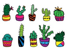 Potted Cactus Icons Set. Doodle Style.