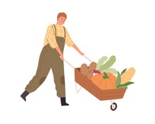 Farmer Pushing Wood Wheelbarrow With Autumn Harvest. Farm Worker Going With Garden Cart With Organic Local Vegetables. Man And Pushcart. Colored Flat Vector Illustration Isolated On White Background