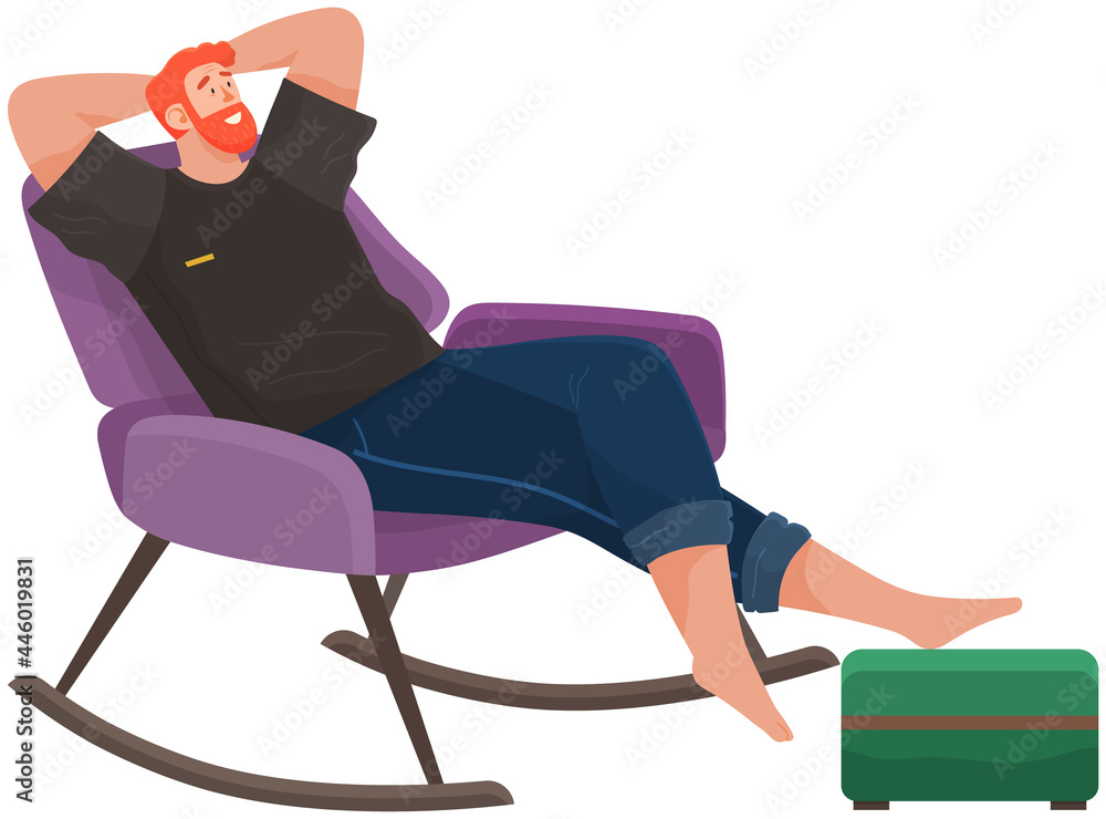 Man lying on sofa in apartment. Happy young guy relaxing, dreaming. Rest on couch and think about something. Home leisure. Male character lies on divan and smiles, enjoying time at home after work - obrazy, fototapety, plakaty 
