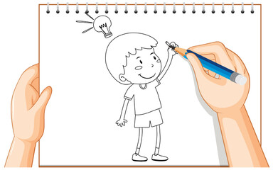 Poster - Hand drawing of kid with idea lamp outline