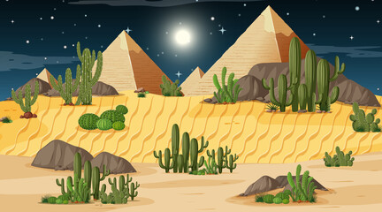 Wall Mural - Desert forest landscape at night scene with pyramid