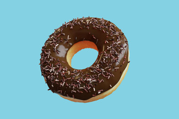 Wall Mural - Closeup Chocolate Doughnut topping with Colorful Icing sweet isolated floating on blue background. Minimal Food Idea concept 3D Rendering.