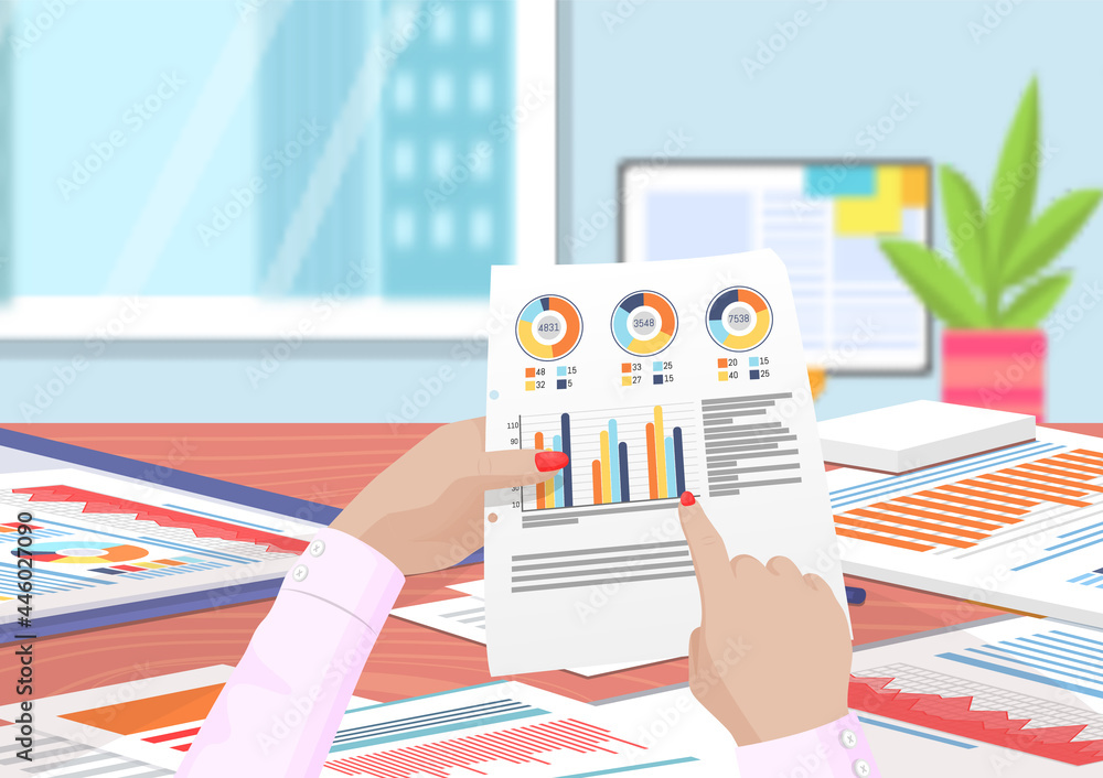 Visualize with business analytics. Work with statistical data analysis, changing indicators. Analyze statistical indicators, business data. Marketing research for presentation. Data financial report - obrazy, fototapety, plakaty 
