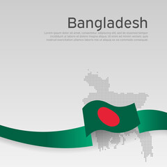 Bangladesh flag, mosaic map on white background. Wavy ribbon with the bangladeshi flag. Vector banner design, bangladesh national poster. Cover for business booklet. State patriotic, flyer, brochure