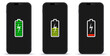 Mobile Phone Screen With Full, Mid and Low Battery Charge Indicator Icons Vector Illustration.