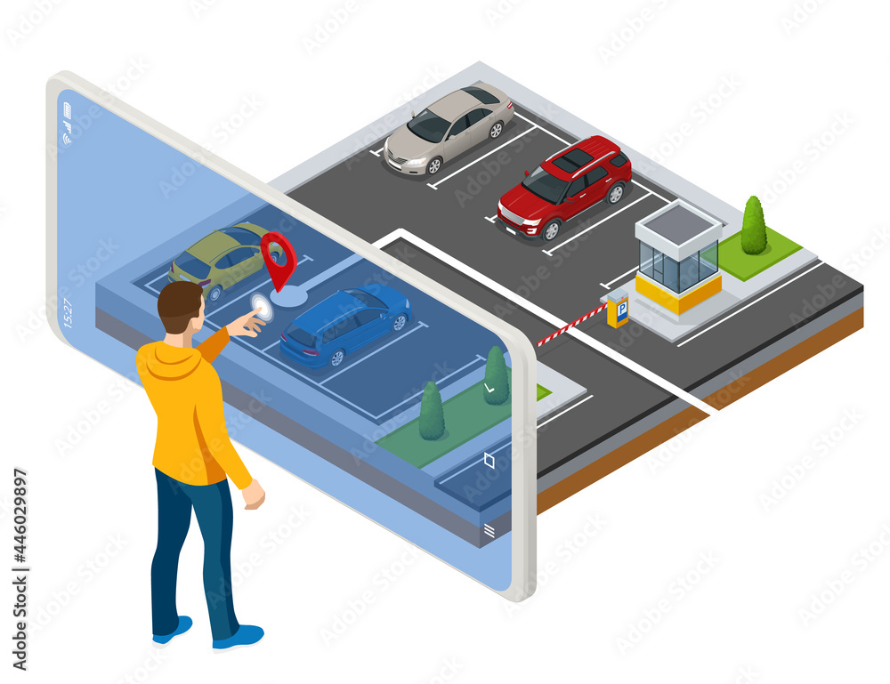 Isometric parking lot displayed on screen. Car park location on Smartphone. Smartphone application for online searching free parking place on the map. GPS Navigation. - obrazy, fototapety, plakaty 