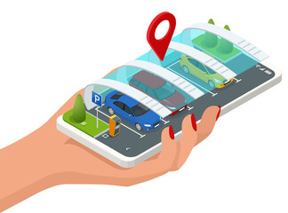 Isometric parking lot displayed on screen. Car park location on Smartphone. Smartphone application for online searching free parking place on the map. GPS Navigation.